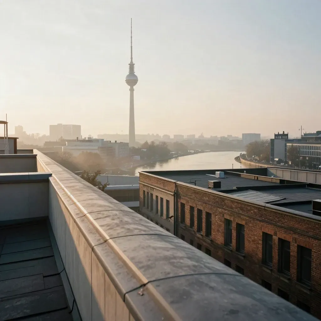 Berliner Skyline im Morgennebel mit Fernsehturm, ruhige Fluss- und Dachlinie