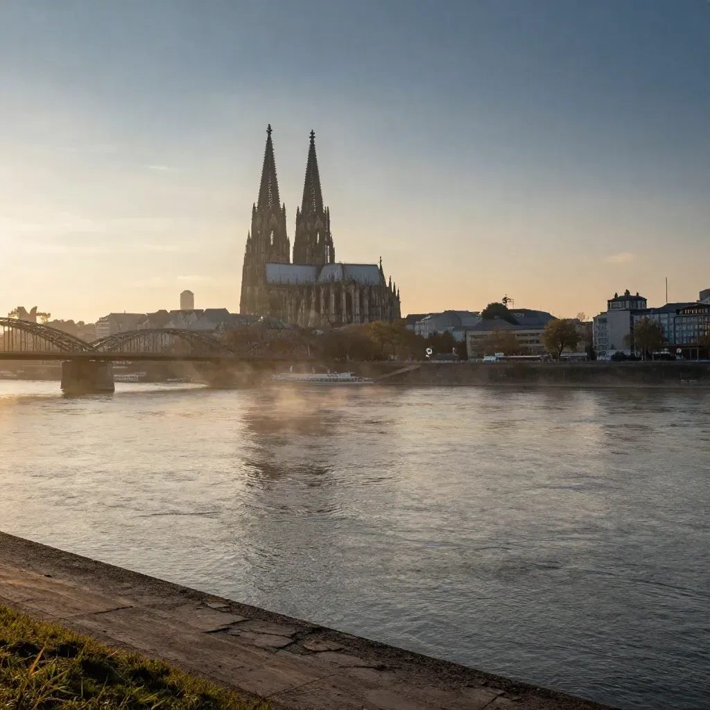 Kölner Dom und Rhein im goldenen Dunst über NRW bei Sonnenuntergang.