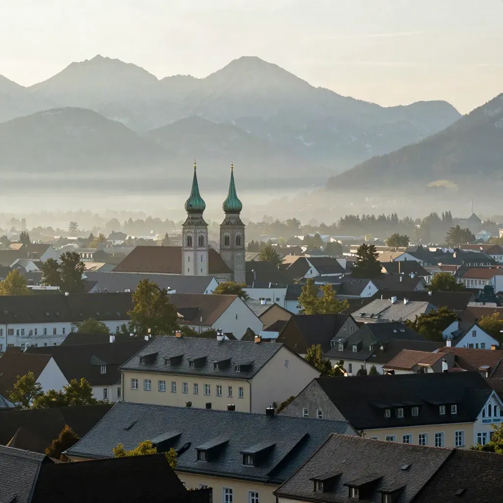 Bayern-Panorama mit Münchner Dächern und fernen Alpen im Morgenhauch