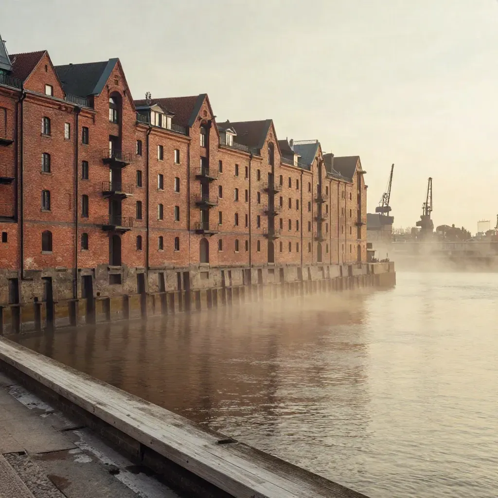 Hamburger Speicherstadt im warmen Abendlicht über ruhigem Hafenwasser und Nebel.