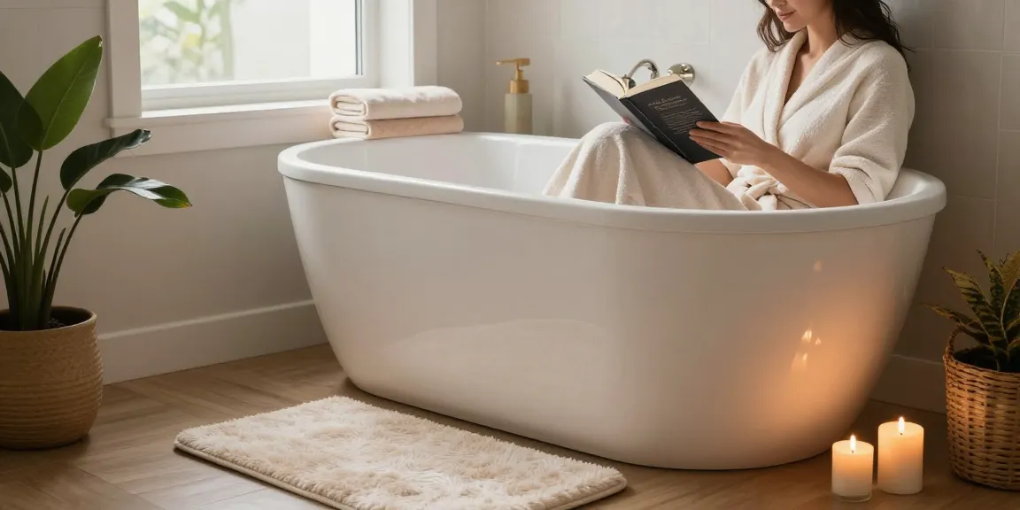 Volwassene geniet van ontspanning in een modern zitbad met kaarsen en groen in een gezellige badkamer.