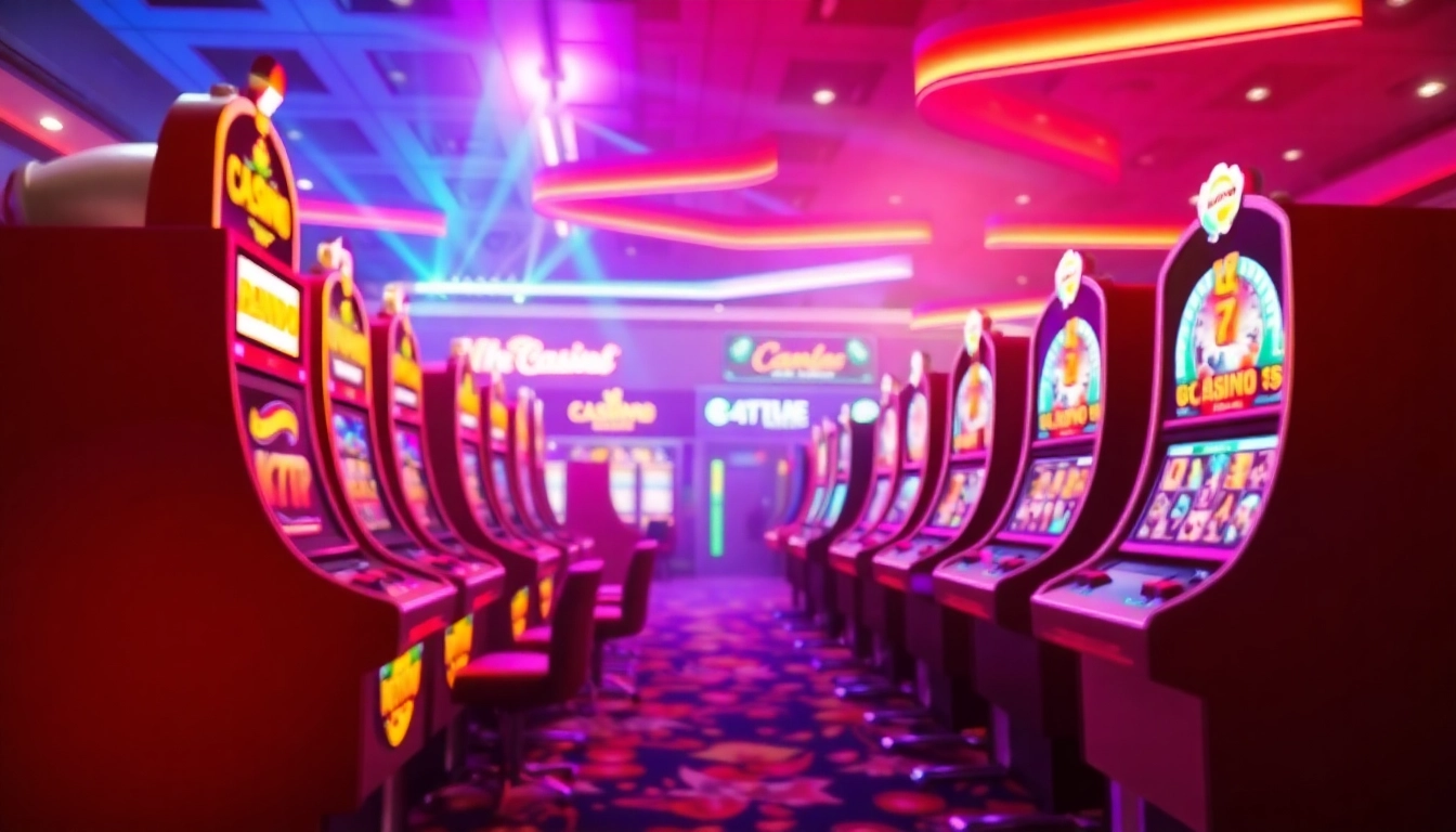 Erkunde den aufregenden Casino Bonus an einem Spielautomaten mit bunten Lichtern und Angeboten.