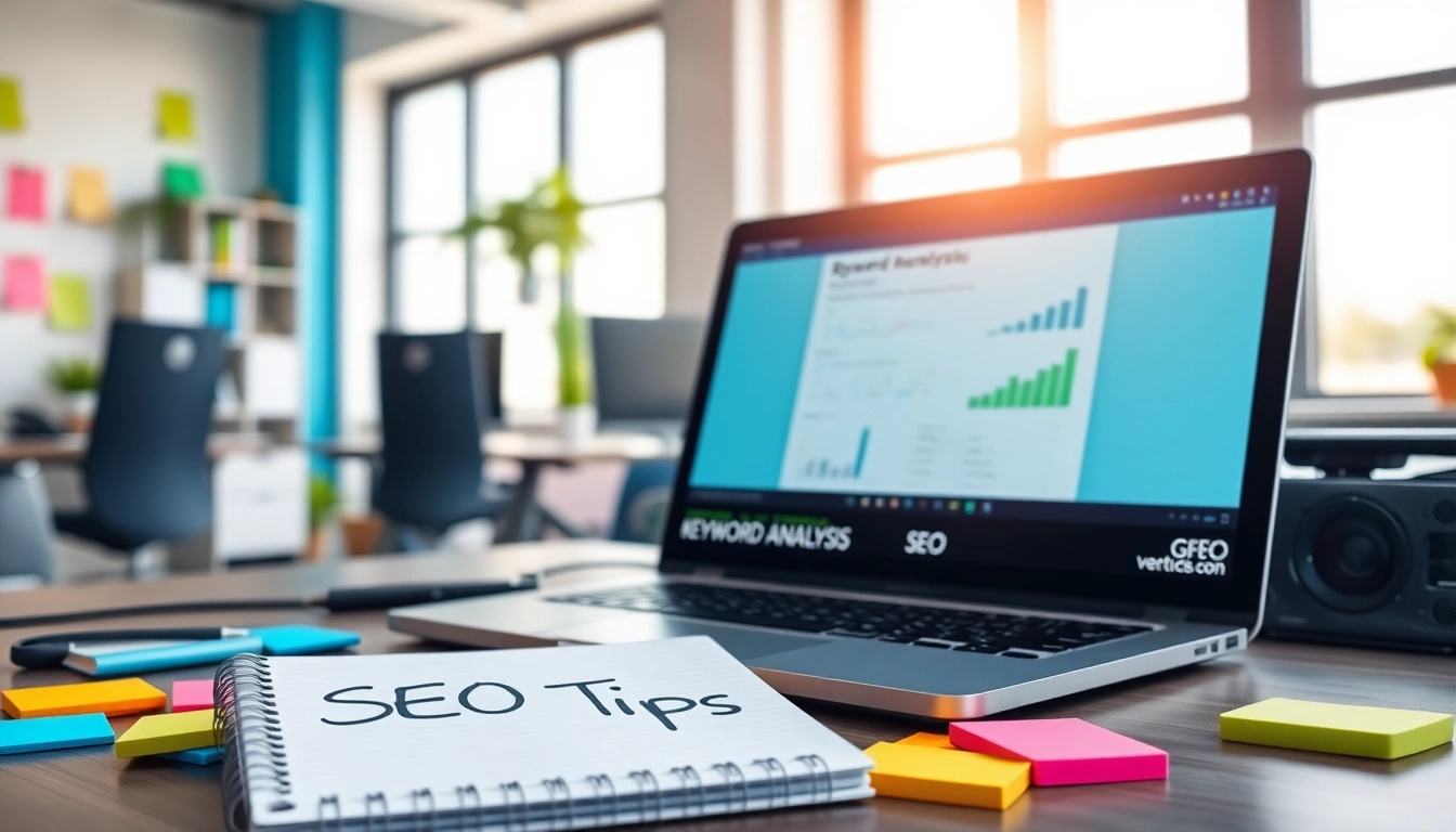 Erfahren Sie nützliche SEO Tipps auf einem modernen Arbeitsplatz mit digitalen Tools.