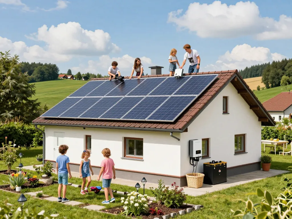 Familie Photovoltaik Bayern installiert Solarpaneele auf einem sonnigen Dach.