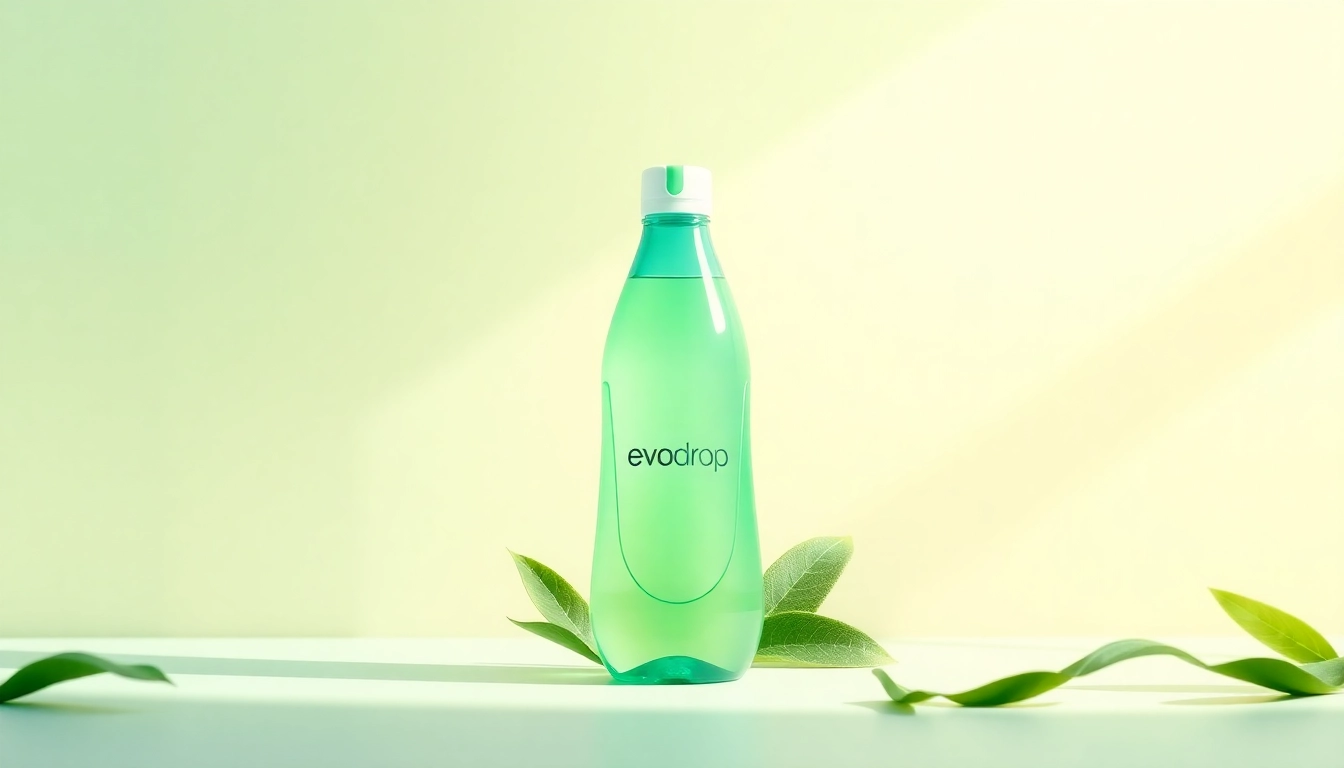 Evodrop Produkt mit modernem Design auf natürlichem Hintergrund, perfekt für nachhaltige Lebensstile.