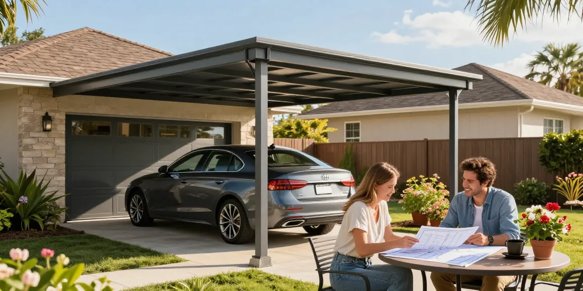 Moderne Carport-Installation mit stilvollem Auto und blühenden Pflanzen im Hintergrund