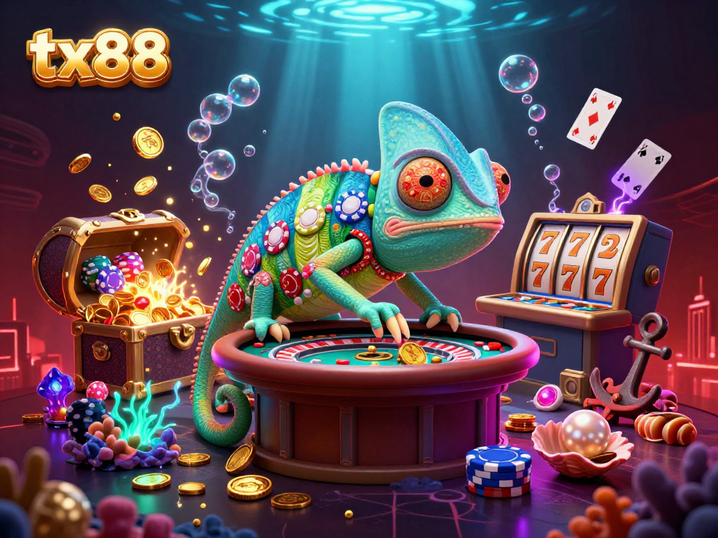 Experience vibrant gameplay with tx88's dynamic casino scene featuring a chameleon owner and floating slots.