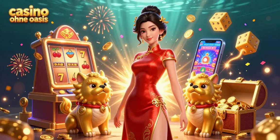 Experience the excitement of casino ohne oasis with a glamorous woman, foo dog guardians, and vibrant casino games.