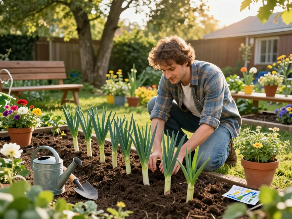 Lauch pflanzen kaufen scene with gardener planting summer leeks in fertile soil surrounded by vibrant flowers and gardening tools.