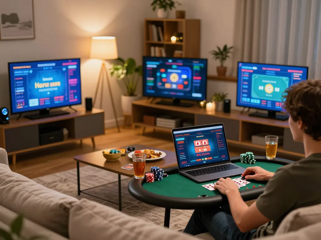 Player engaging in mk8 online poker while enjoying a cozy home atmosphere with snacks and drinks