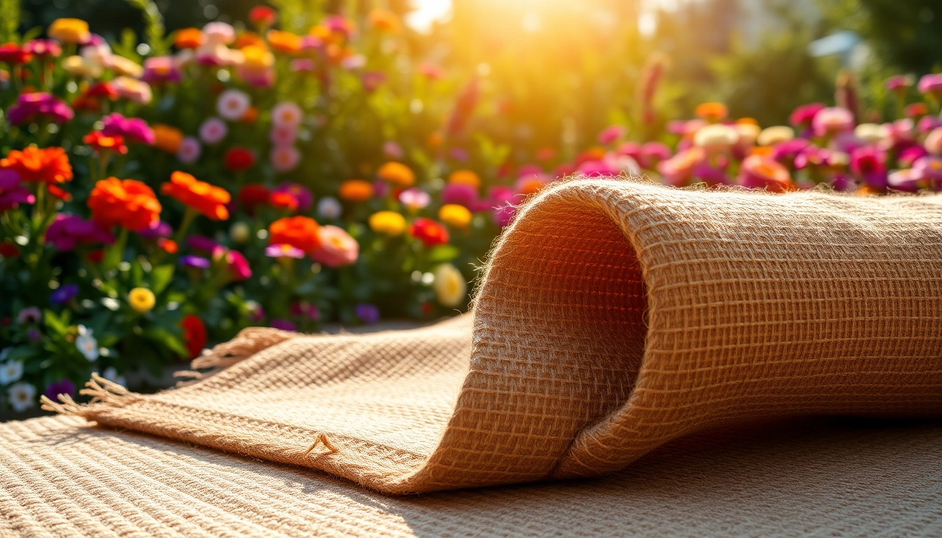 Eine Hanfmatte in einem sonnigen Garten, die ihre natürliche Textur und Farbe hervorhebt.