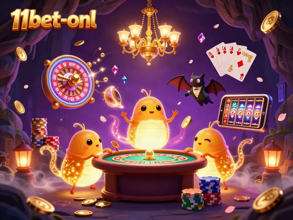 Experience thrilling games at 11bet-onl with vivid casino elements and glowing characters in a vibrant scene.