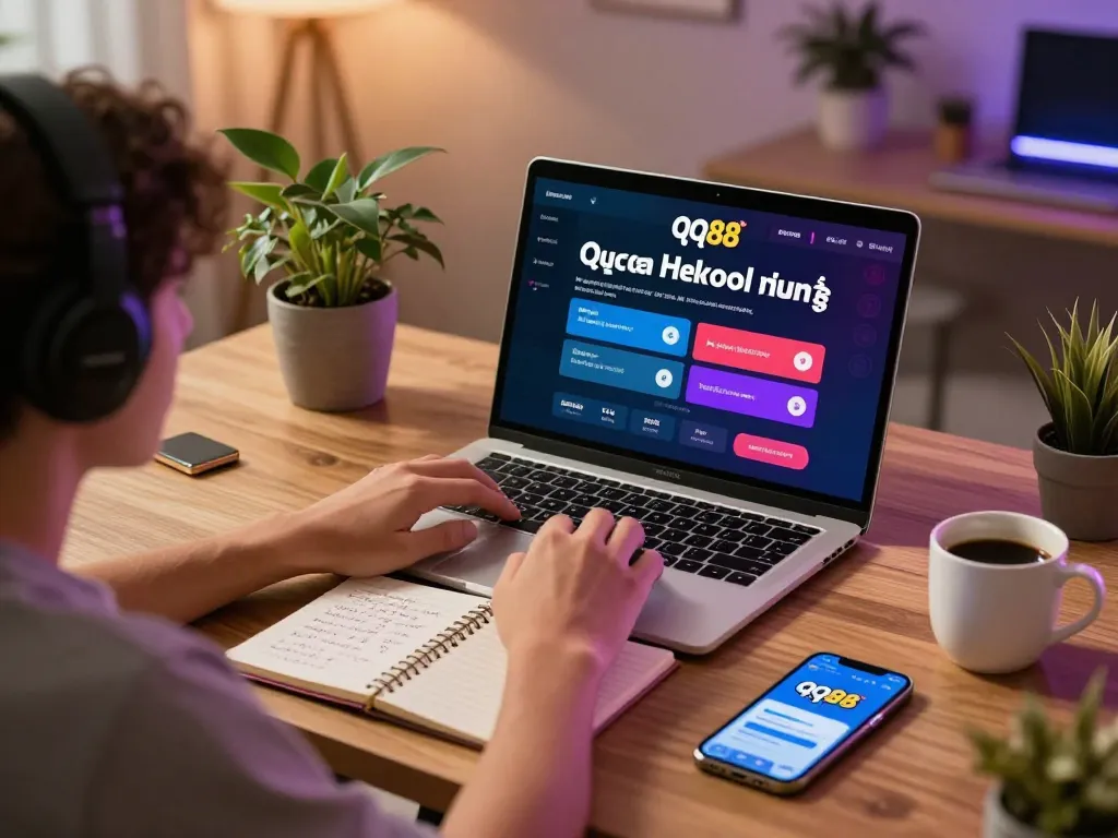 Player engaged with qq88 link mới on laptop at home, showcasing online betting atmosphere.