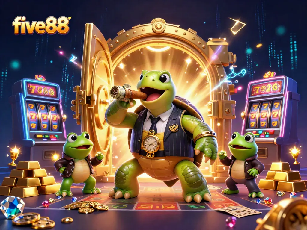 Engage in thrilling gambling at five88 with a cartoon turtle mobster amidst a vibrant casino scene.