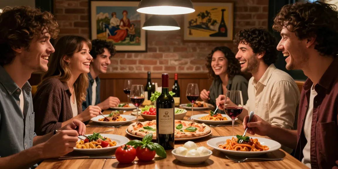 Group enjoying pg soft Italian pizza in a rustic pizzeria.