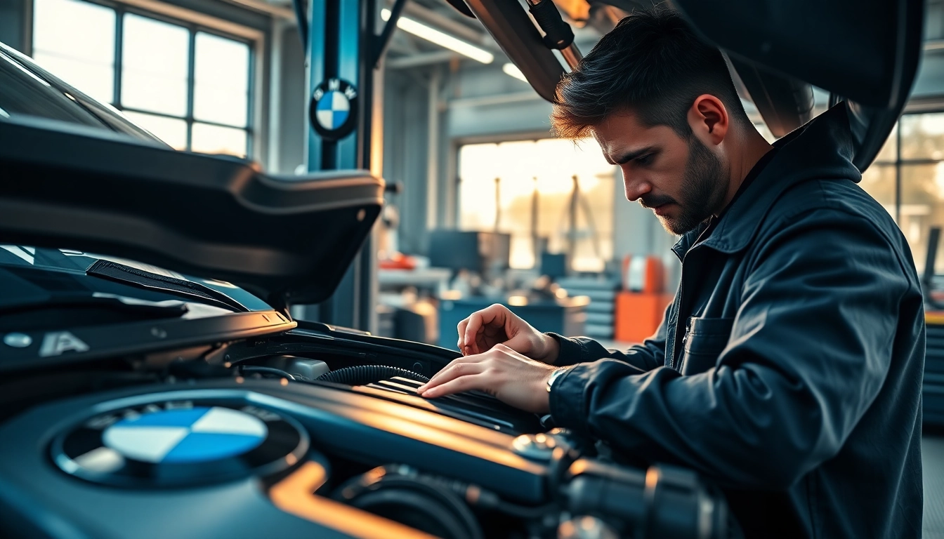 BMW Spezialist repariert präzise einen BMW im modernen Autohaus.