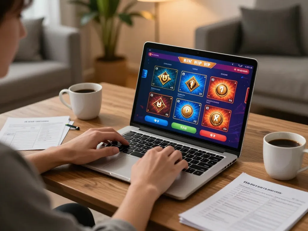 Rik vip user enjoying online casino gaming on a laptop with strategic notes on a cozy setup.
