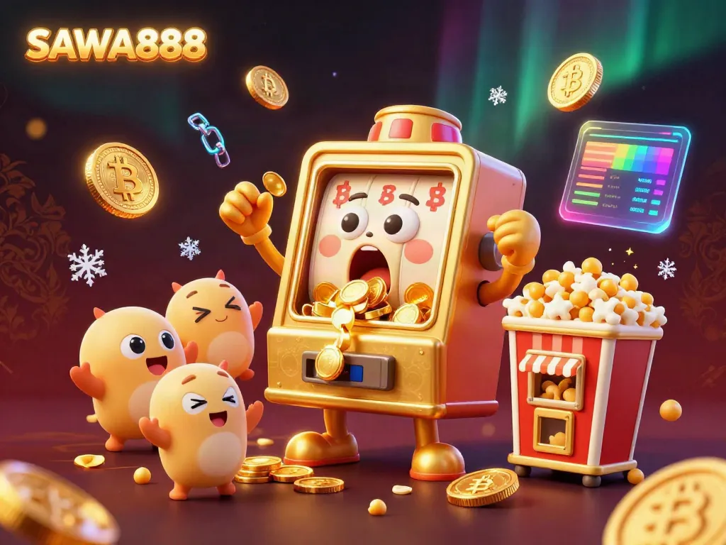 Celebrate big wins on SAWA888 with a joyous cartoon slot machine hitting the jackpot, surrounded by cheers and crypto elements.