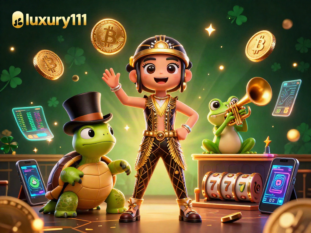 Experience luxury111 gaming with vibrant 3D characters and immersive cryptocurrency elements.