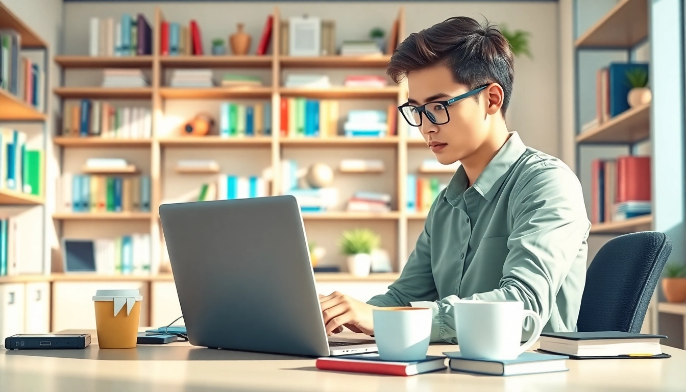 Software Hilfe durch engagierte Person an modernem Arbeitsplatz mit Laptop und technischen Geräten.