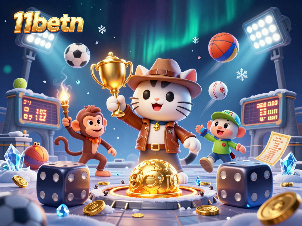 11betn showcases a vibrant 3D scene of an explorer cat and monkey in a dynamic casino environment full of sports and gaming elements.