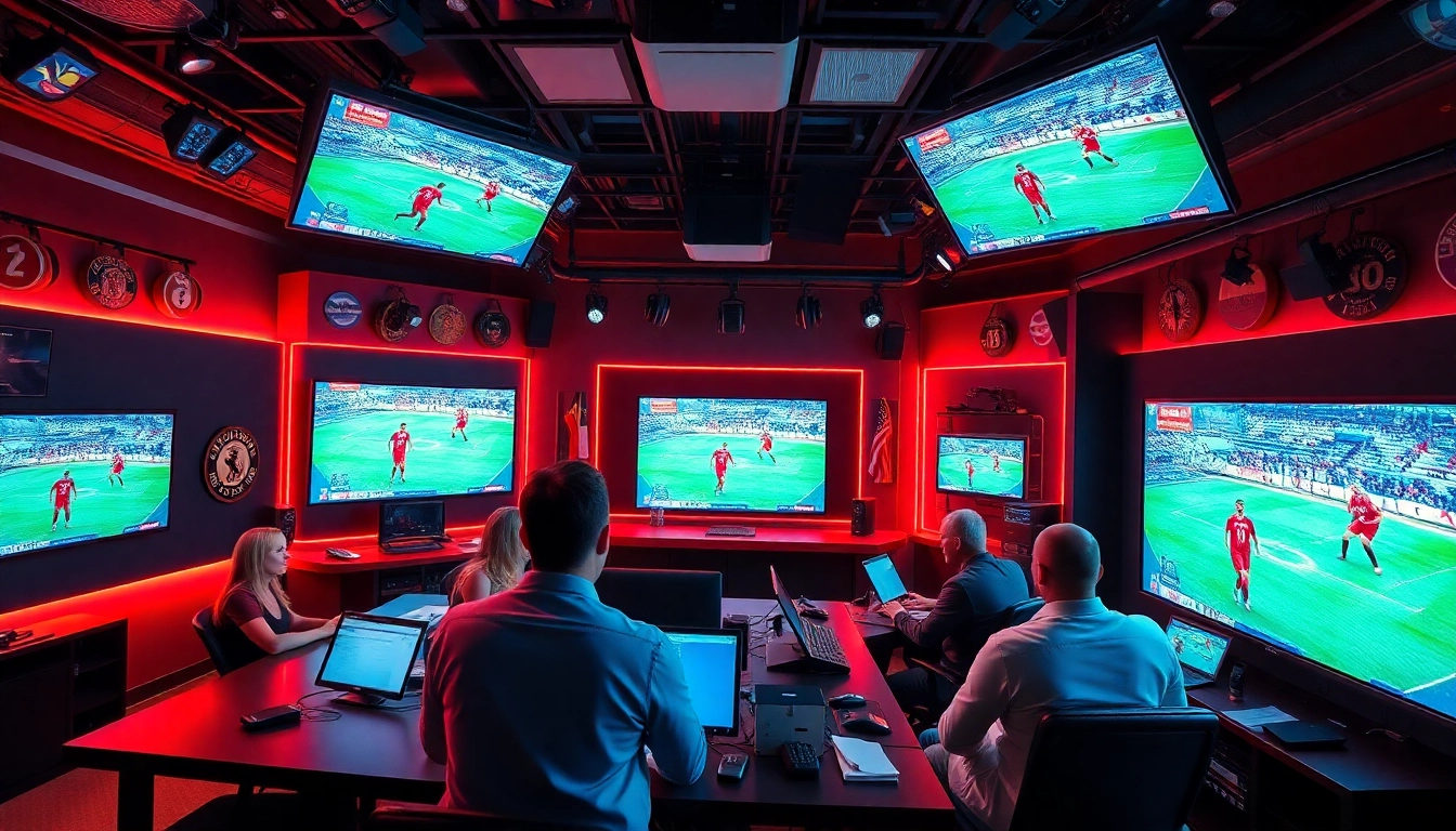 Engaging scene of Sports Broadcasting professionals analyzing live games in a dynamic studio.