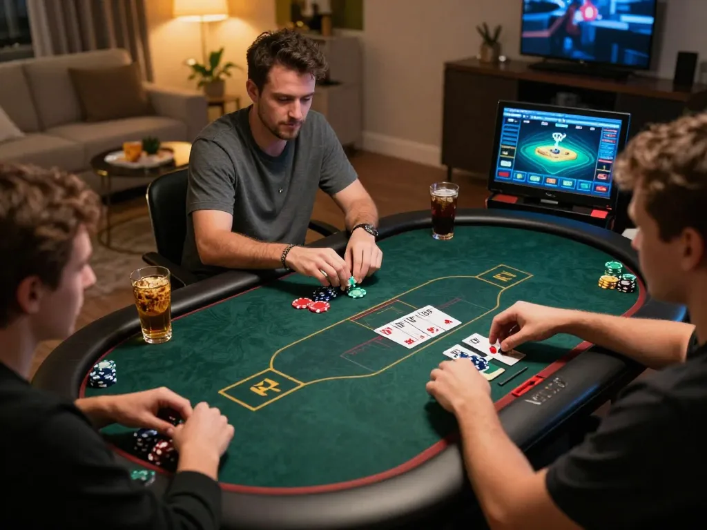 GO88 players engaging in strategic online poker gameplay, vibrant virtual cards and chips displayed.