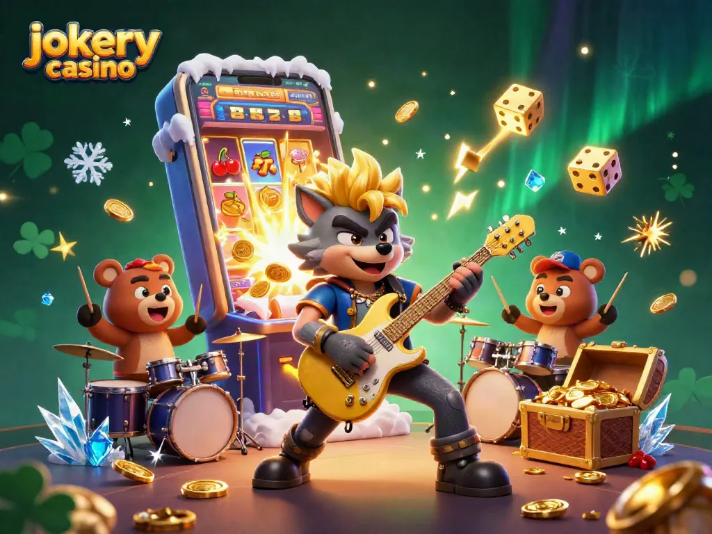 Experience the excitement of jokery casino with a dynamic 3D illustration showcasing fun characters and vibrant casino elements.