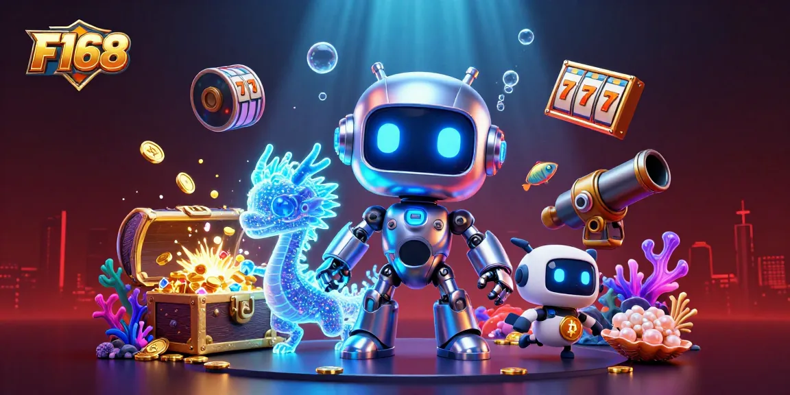 Experience the thrill of F168 as a robot mascot and holographic dragon explore a vibrant casino with slot reels and treasure.