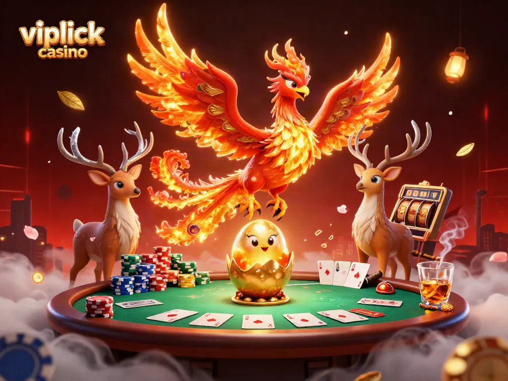 Experience the excitement of vipluck casino with a vibrant 3D phoenix scene showcasing gaming elements.