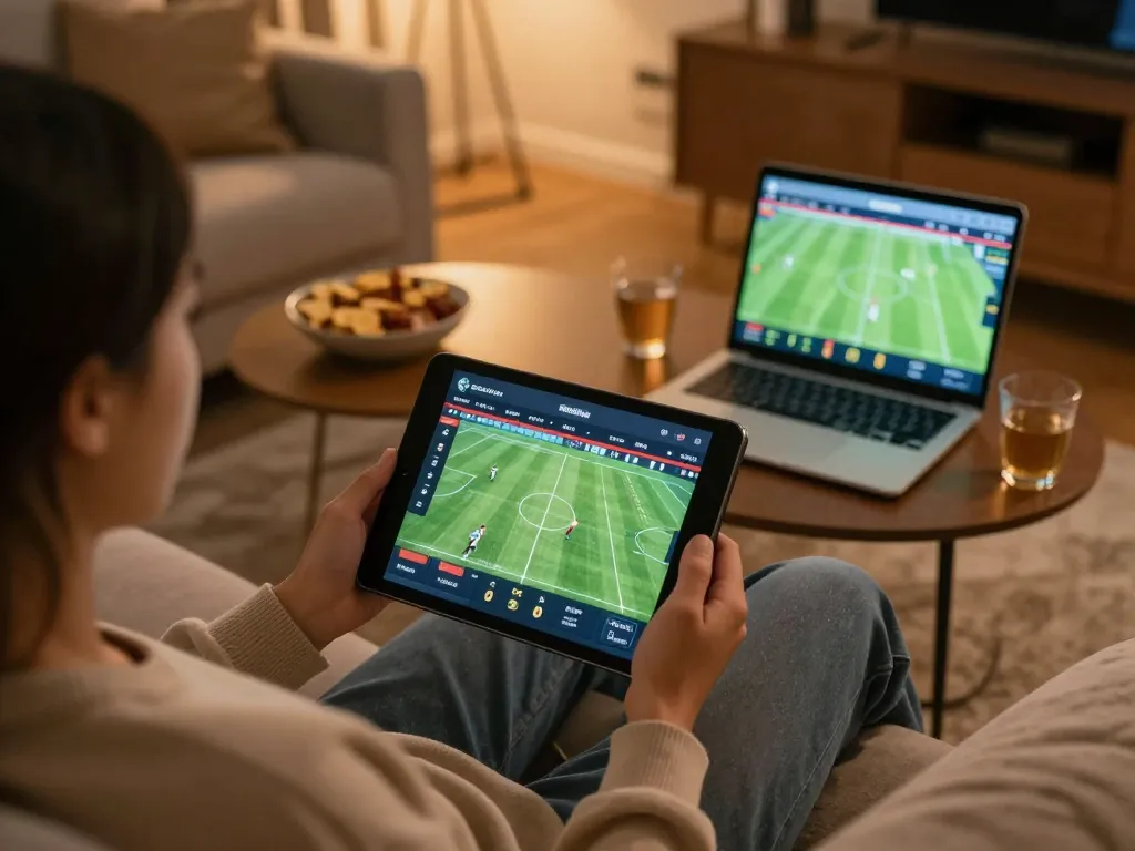 Socolive shows a user engaged in online sports betting from a cozy home setup with live football matches displayed.