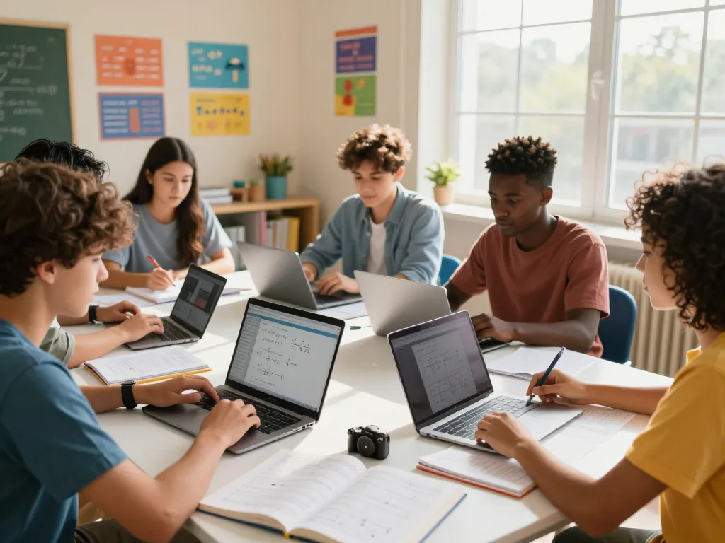 Schüler, die als Hausaufgaben Löser online zusammenarbeiten, und digitale Geräte in einem hellen Klassenzimmer nutzen.