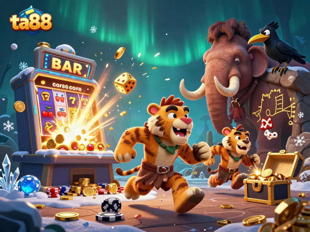 Experience thrilling wins at ta88 with a dynamic prehistoric casino illustration filled with vibrant gaming elements.