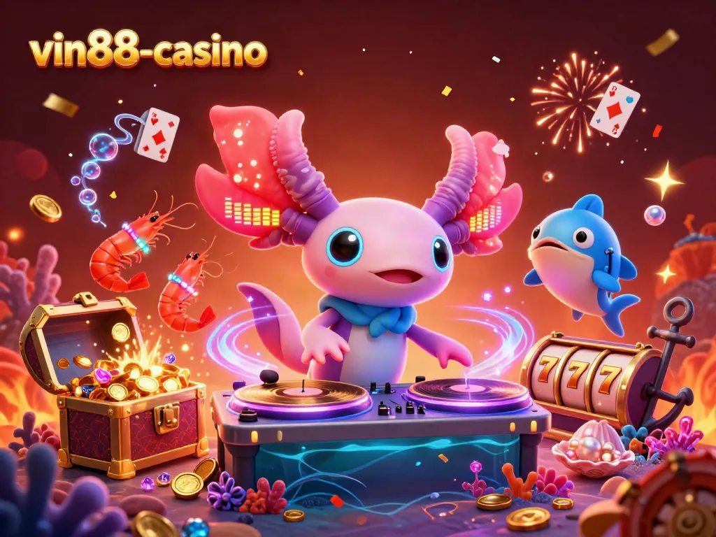 Experience dynamic fun at vin88-casino with a neon DJ and exciting casino elements.