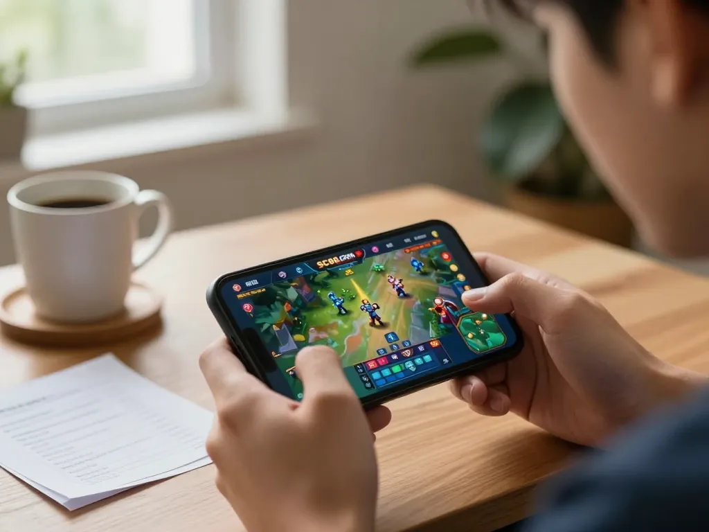 Player engaging with SC88.COM on smartphone in cozy home setting for online gaming.