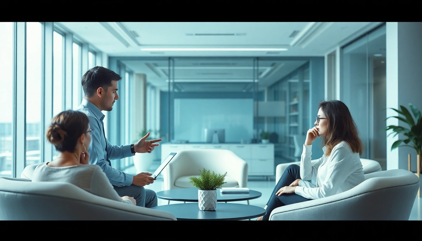 Business consultant discussing Unternehmensberatung Leipzig strategies with clients at a modern office.