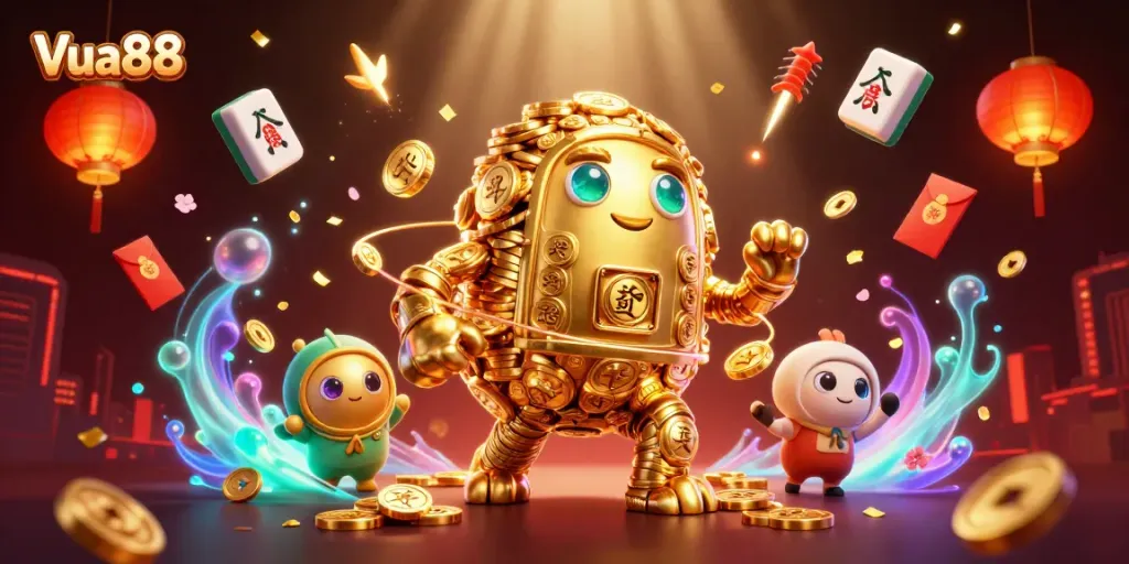 Experience excitement at Vua88, where golden golems, fireworks, and glowing elements bring the casino atmosphere alive.
