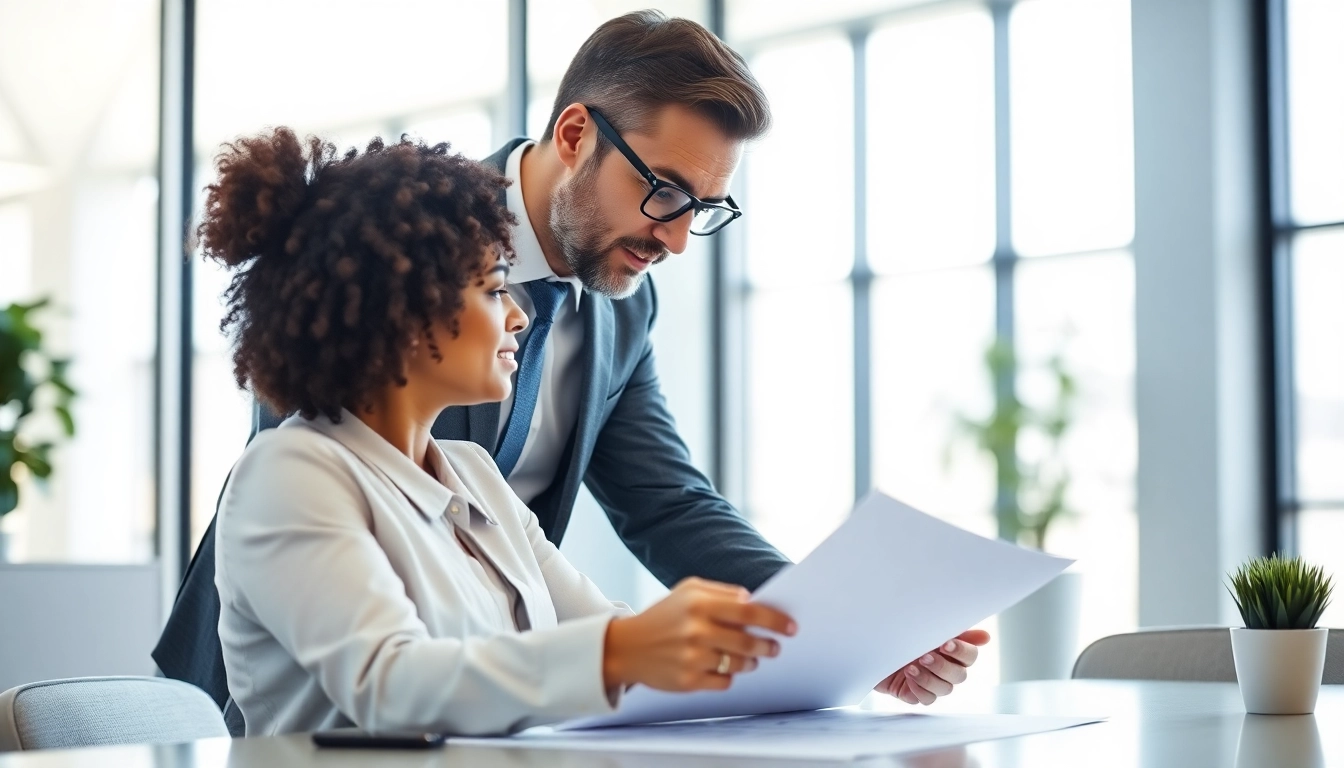 Consultant discussing Unternehmensberatung strategies with a client in a modern office setting.