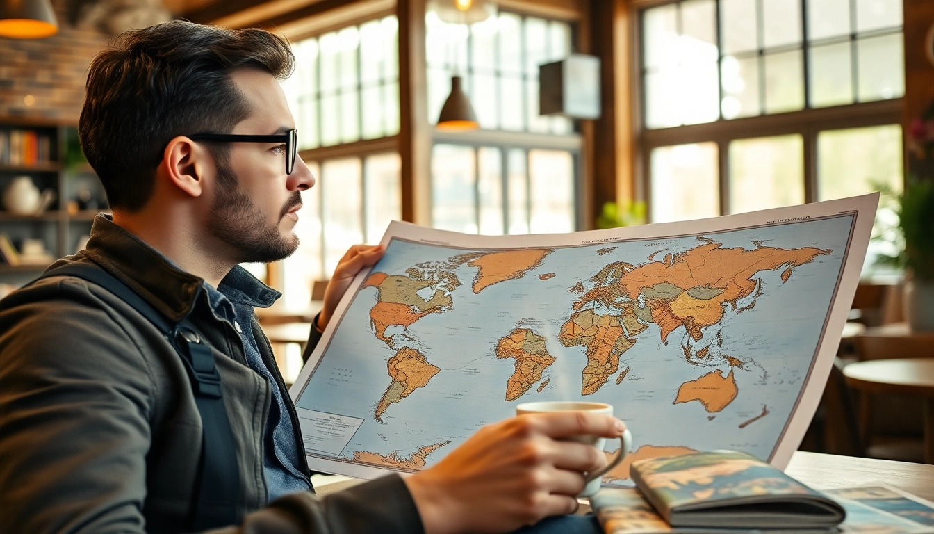 Fernreisen planen: Reisender studiert Weltkarte in einem gemütlichen Café.