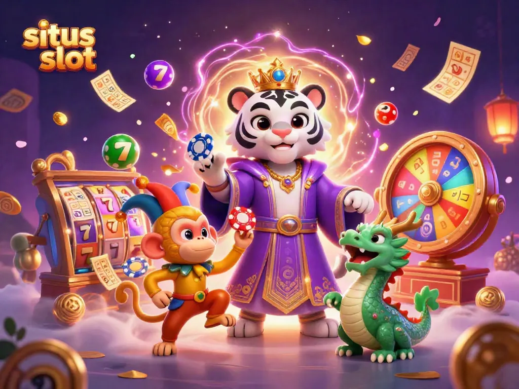 Experience the excitement of situs slot with a majestic tiger, playful monkey, and magical dragon in a vibrant casino setting.