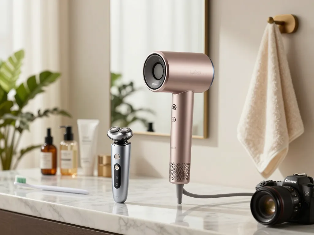 Laifen NEO Haartrockner und Pflegeprodukte in einem modernen luxuriösen Badezimmer, die Eleganz und Selbstpflege-Essentials präsentieren.