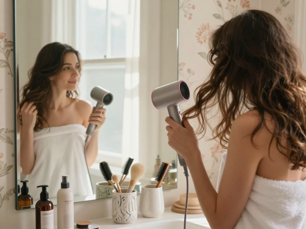 Woman using a mini hair dryer in a bright bathroom, showcasing her hair styling routine with elegant decor.