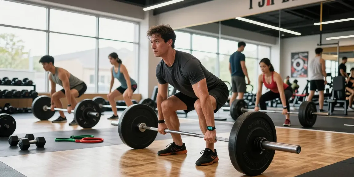 Starker Mann hebt Gewichte im Fitnessstudio des Steroidshops und zeigt Entschlossenheit und Energie.