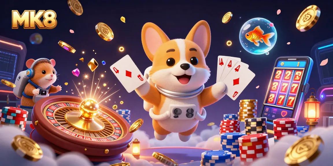 Experience MK8 casino thrills as an astronaut corgi floats amidst golden coins and gaming excitement.