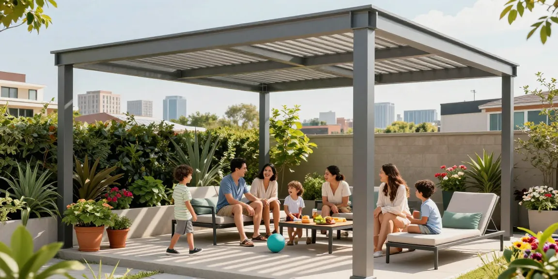 Familie genießt einen sonnigen Tag unter einer modernen Terrassenüberdachung im Garten.