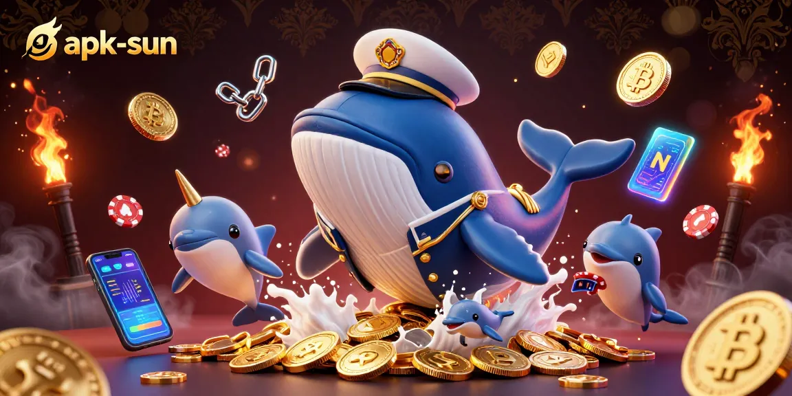 Join the fun at apk-sun with a vibrant 3D casino scene featuring playful whales and poker chips.