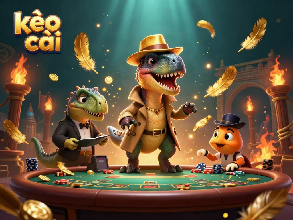 Experience kèo nhà cái action with a velociraptor counter at a blackjack table amidst dazzling casino elements.