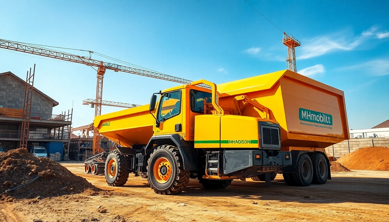 Bagger mieten Hannover: Moderner Bagger auf einer aktiven Baustelle in Hannover beim Abladen von Erde, unter strahlendem Sonnenlicht.