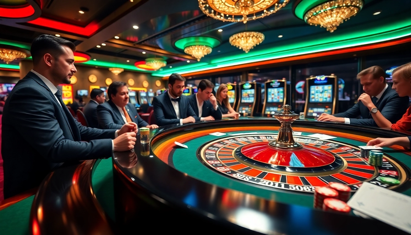 Exciting casino gaming scene at RR88 with roulette, poker chips, and players in action.