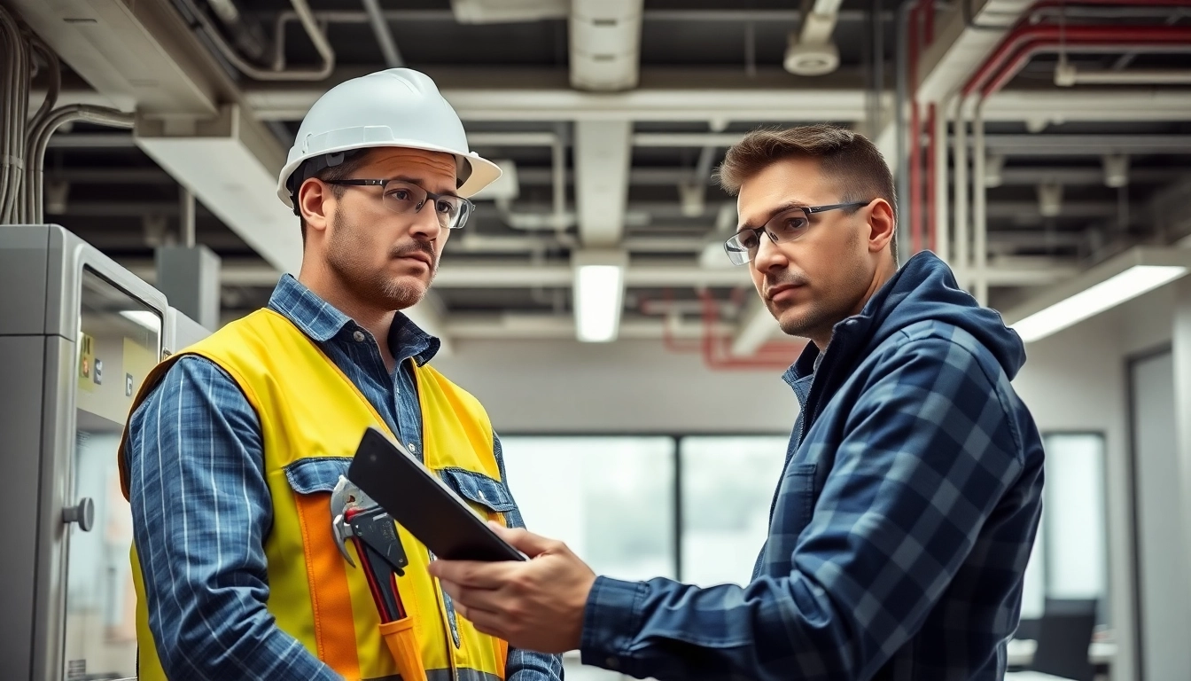 Electrician performing a DGUV V3 Prüfung for workplace safety on electrical equipment in an office.